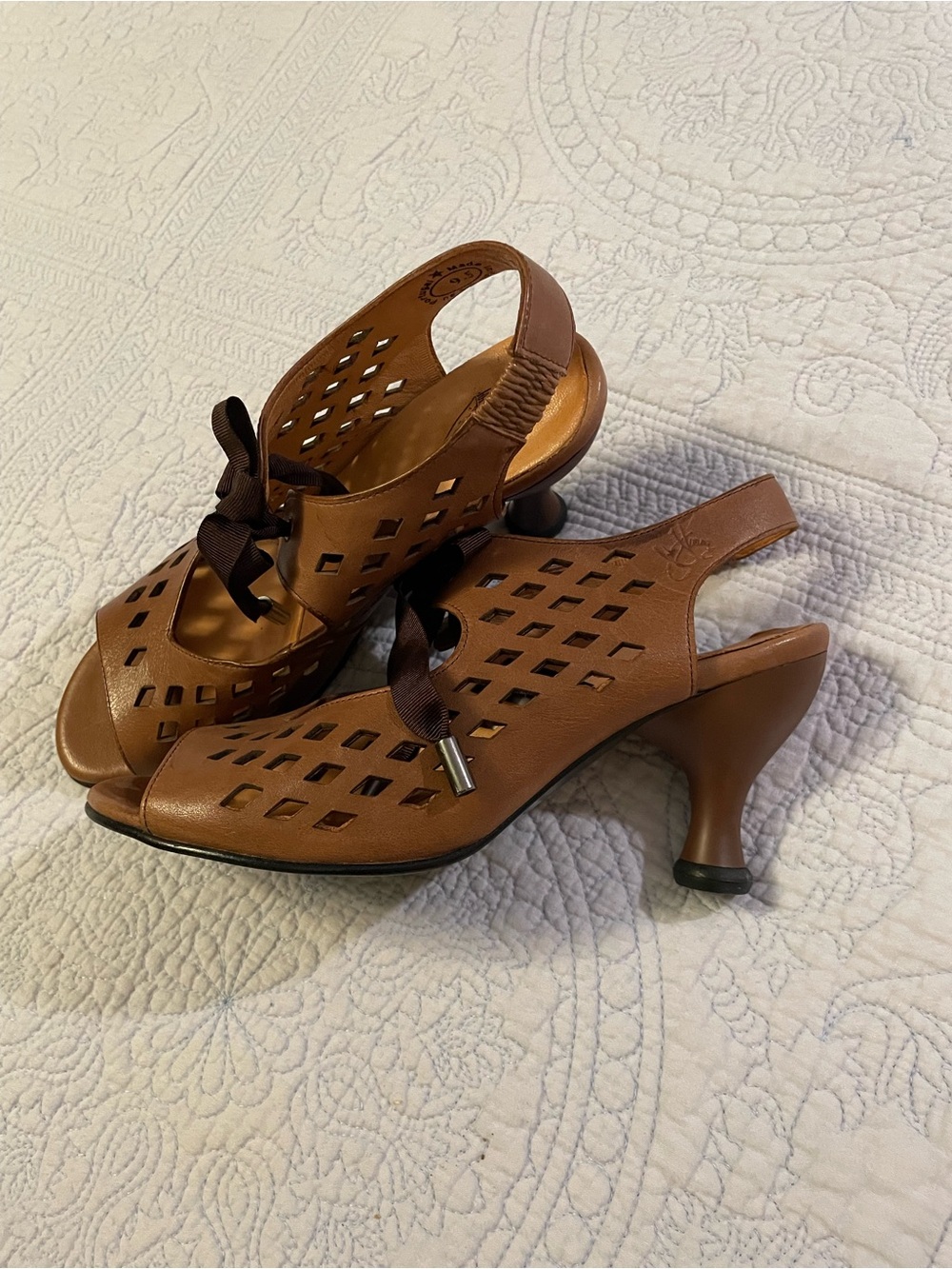 John Fluevog Brown Cutout Slingback Heels with Ribbon Detail